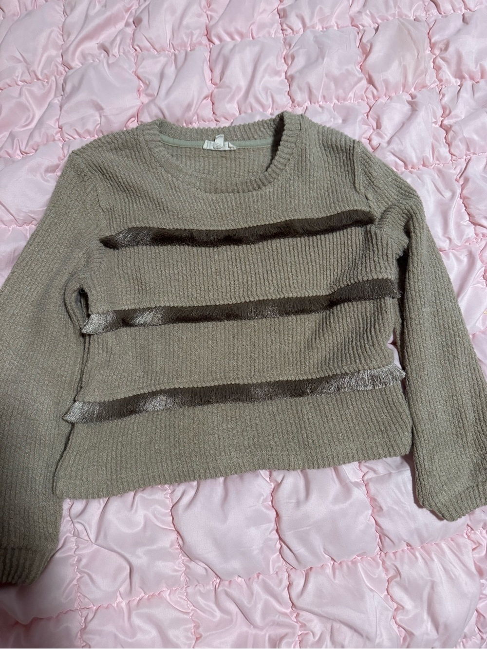 Hayden Girls size Medium Taupe Ribbed Knit Sweater with Satin Fringe